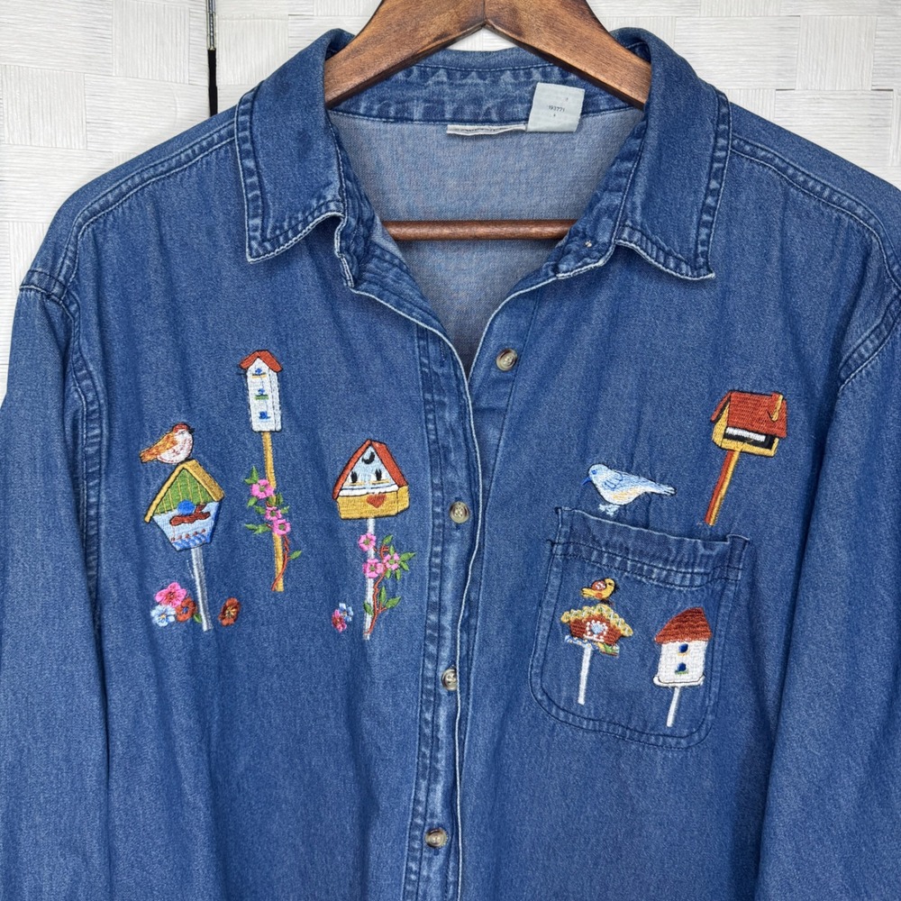 CottageCore Womens Large Blue Denim Shirt Embroidered Birdhouses Long Sleeve L